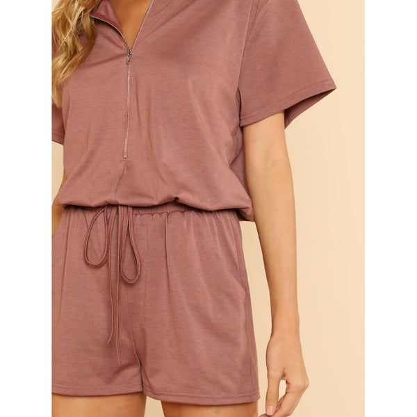 Half Zipper Placket Drawstring Romper