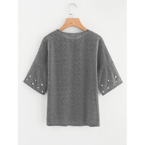 Drop Shoulder Pearl Beading Glitter T-shirt