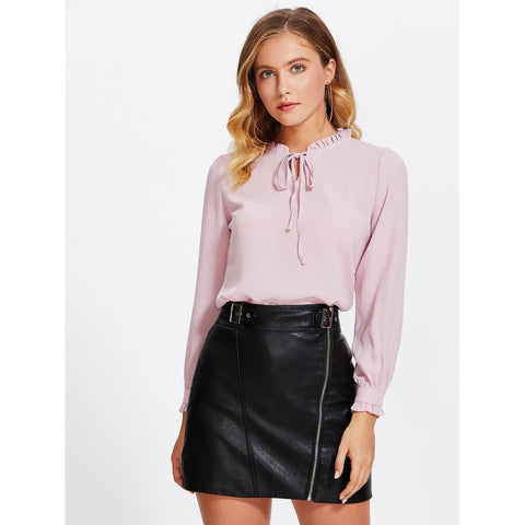 Self Tie Neckline Ruffle Shirt