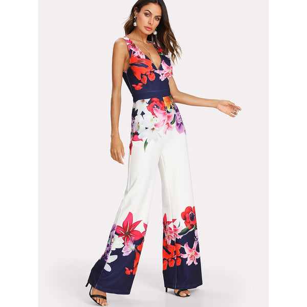 Flower Print Zip Back Sleeveless Jumpsuit