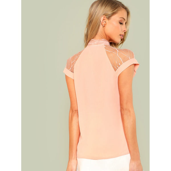 Pearl Beading Mesh Insert Tied Neck Top