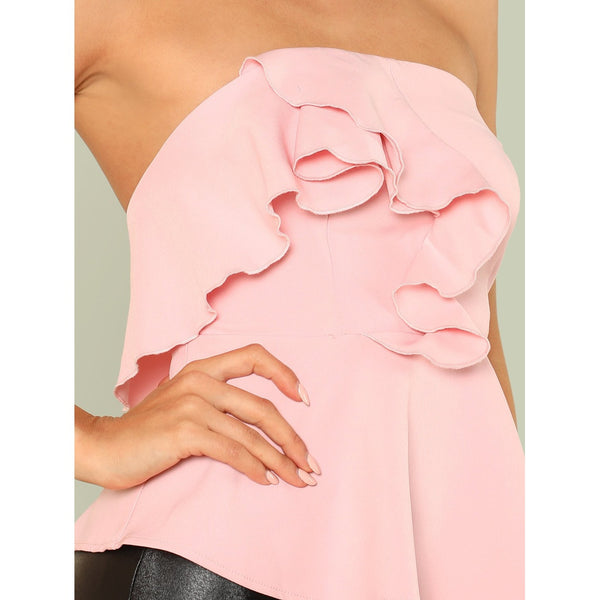 Flounce Trim Asymmetric Bandeau Peplum Top