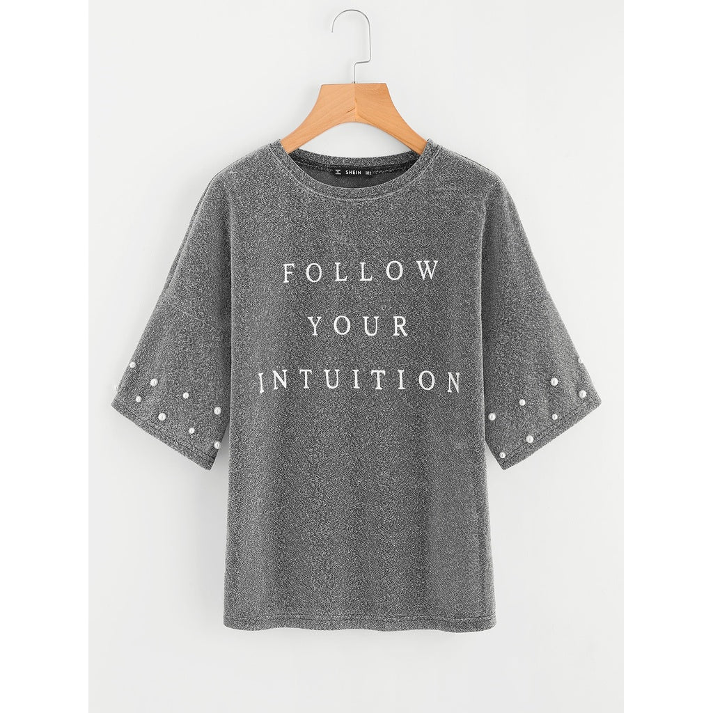 Drop Shoulder Pearl Beading Glitter T-shirt