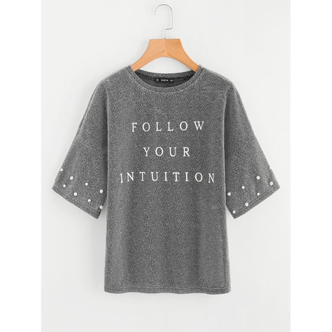 Drop Shoulder Pearl Beading Glitter T-shirt