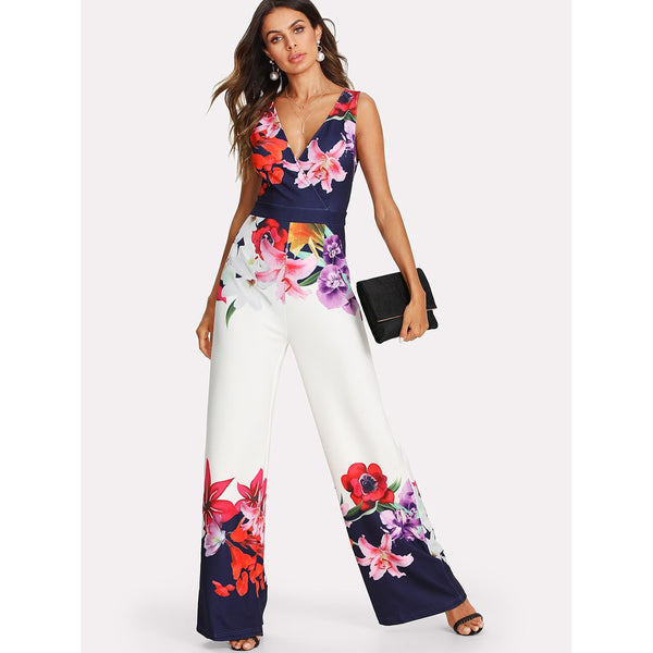 Flower Print Zip Back Sleeveless Jumpsuit