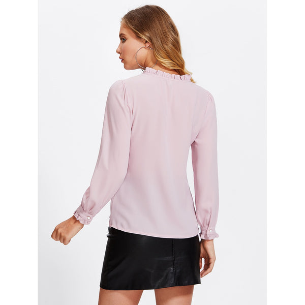 Self Tie Neckline Ruffle Shirt