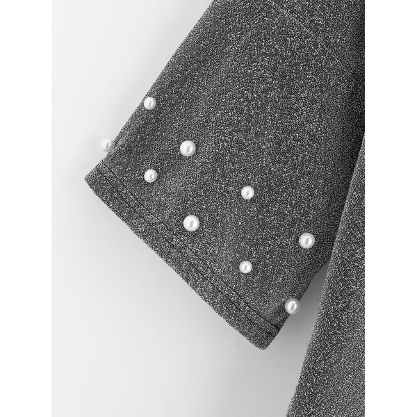 Drop Shoulder Pearl Beading Glitter T-shirt