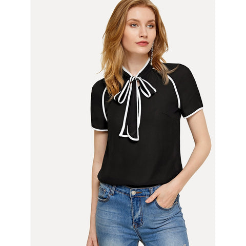 Tie Neck Contrast Binding Top