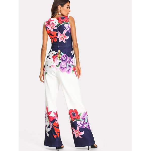 Flower Print Zip Back Sleeveless Jumpsuit