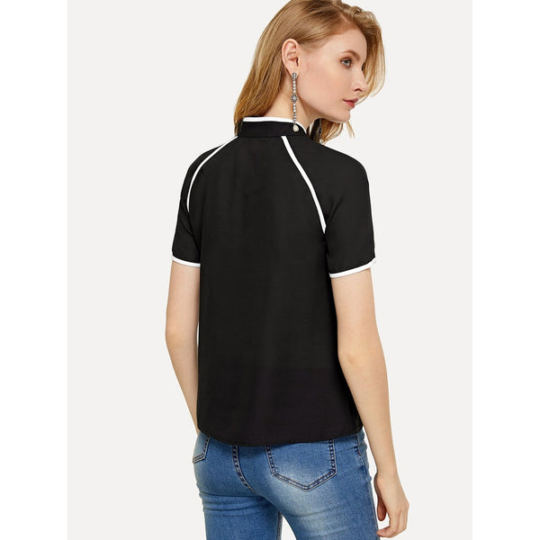 Tie Neck Contrast Binding Top
